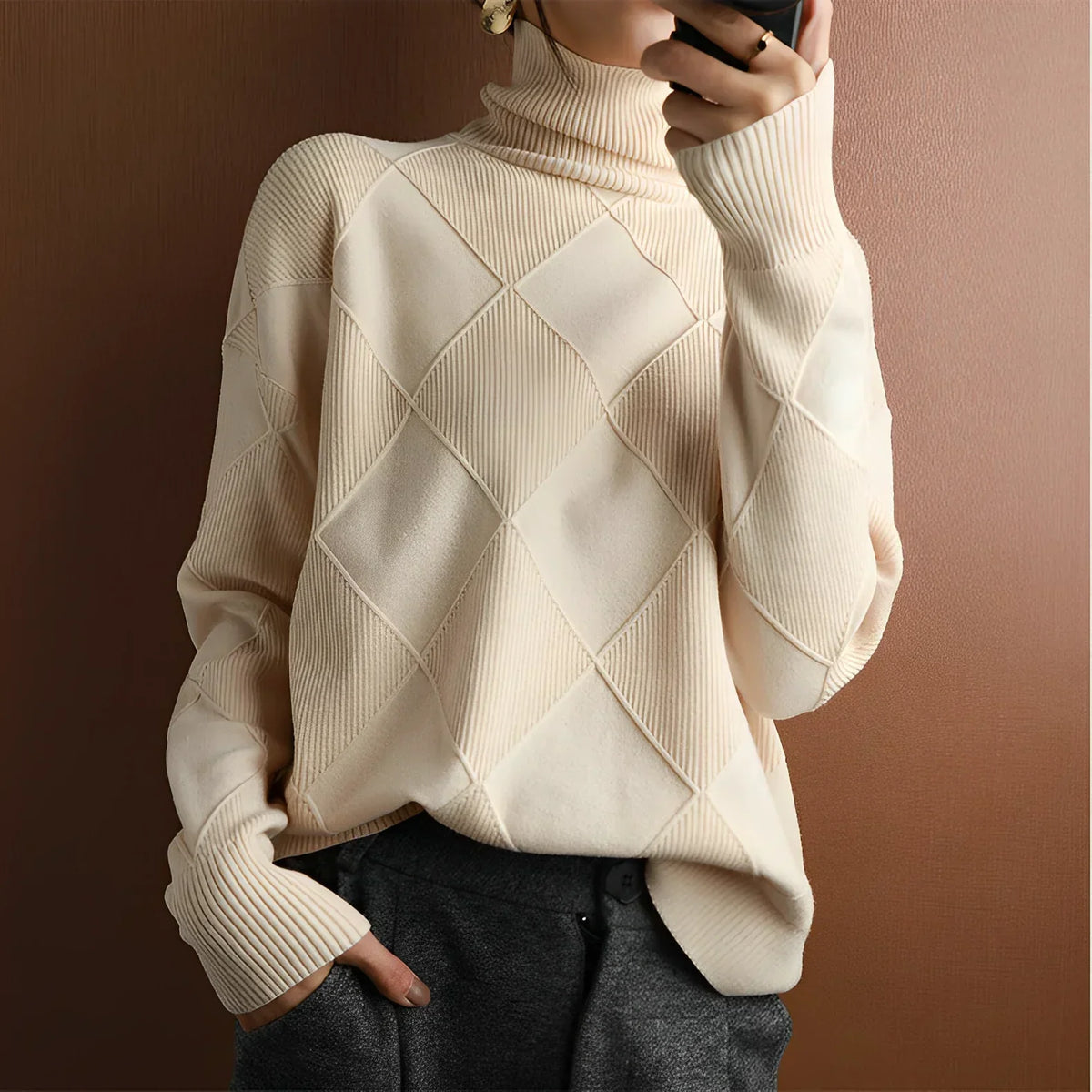 Pull col roulé en grosse maille femme