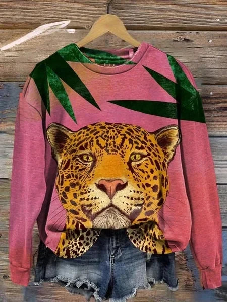 Sweat à manches longues à col rond pour femme avec texture de tigre
