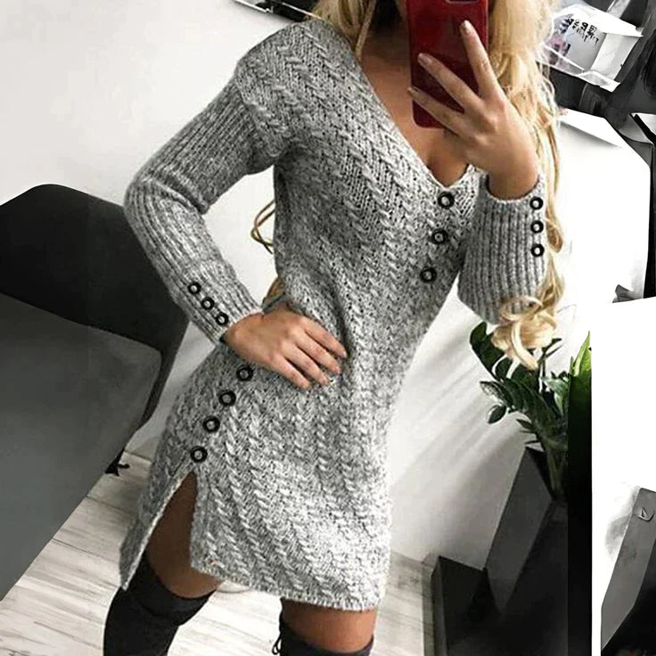 Robe pull courte col V unie femme – Veronica