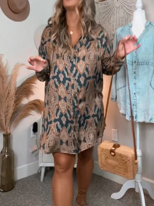 Robe chemise imprimée manches longues décontractée femme