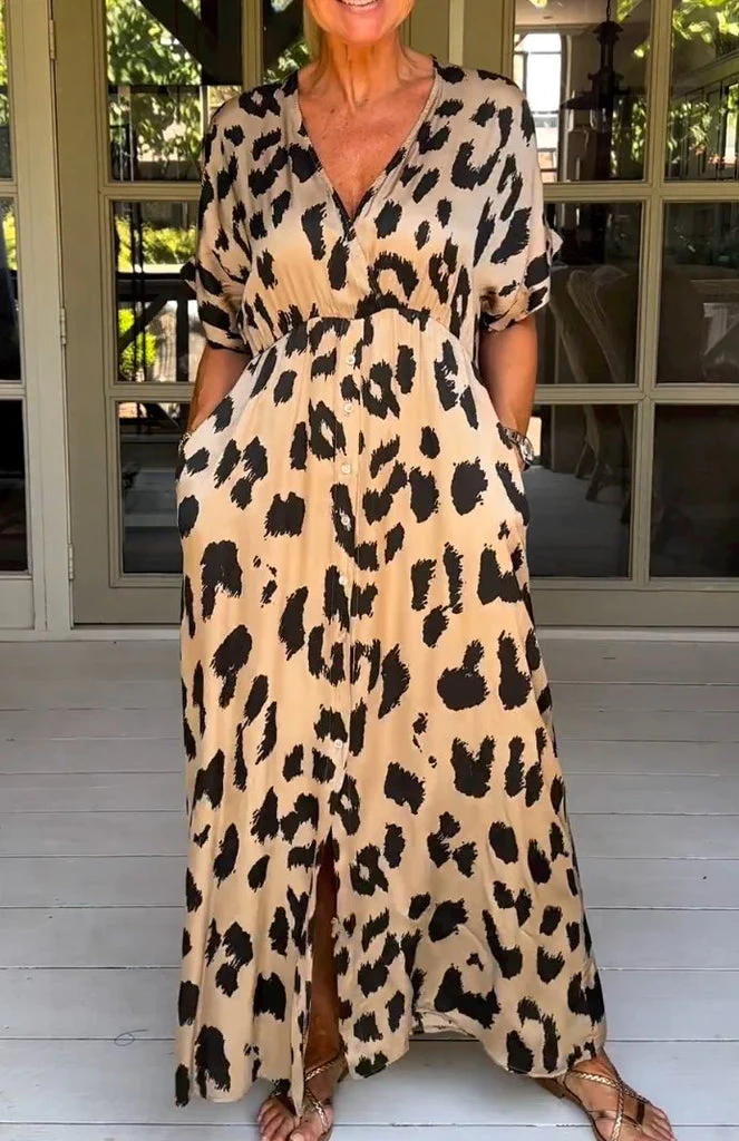 Robe longue col V imprimé léopard femme
