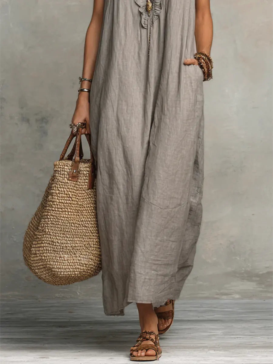 Robe longue bohème en lin et coton à volants femme – Izzellea