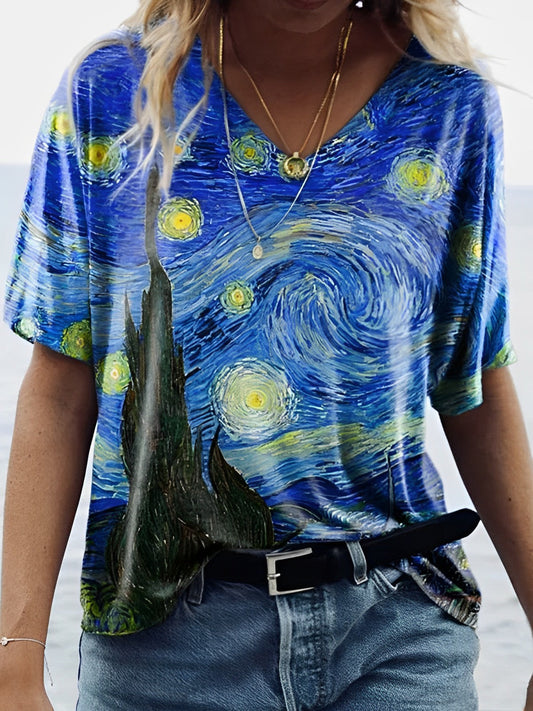 T-shirt col V imprimé Nuit étoilée Van Gogh