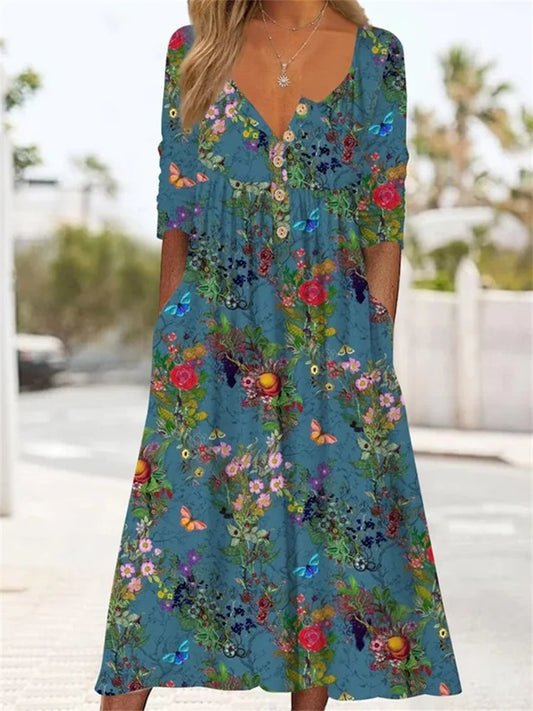 Robe longue plissée boutonnée motif papillons et fleurs femme
