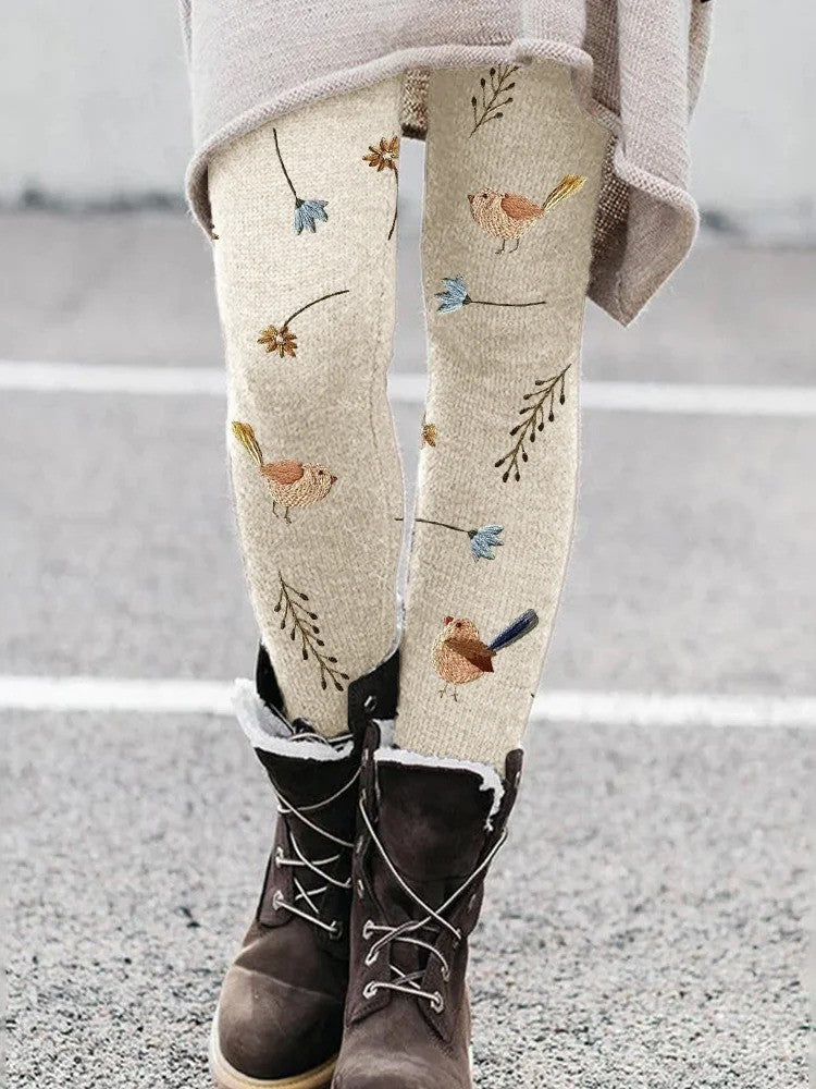 Legging brodé fleurs et oiseaux femme