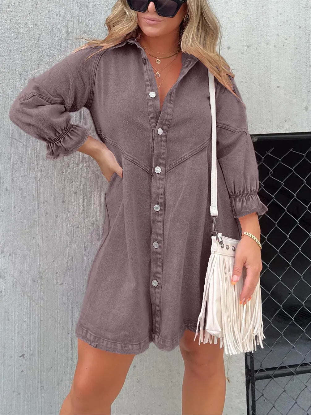 Robe en jean délavé manches bouffantes femme