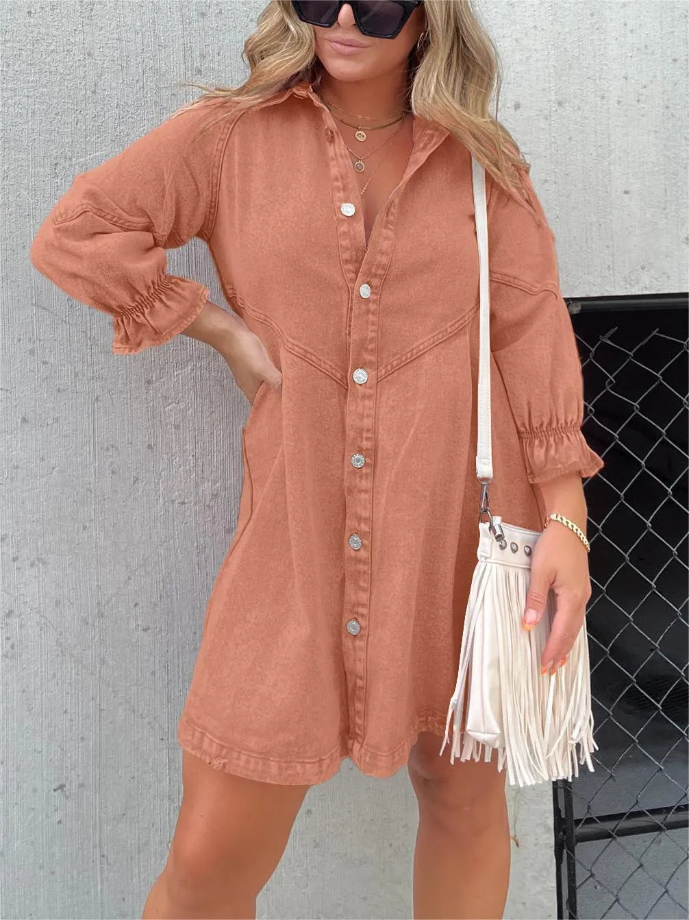 Robe en jean délavé manches bouffantes femme