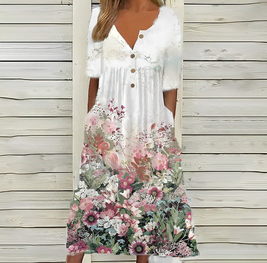 Robe midi fleurie à poches boutonnées femme