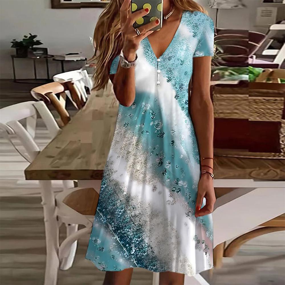 Robe courte imprimée manches courtes bleue femme