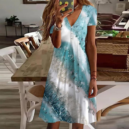 Robe courte imprimée manches courtes bleue femme