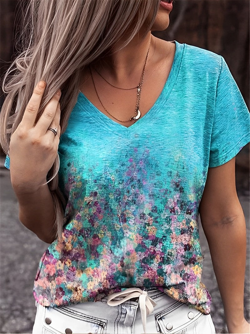 T-shirt col V imprimé art floral