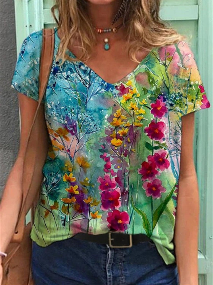 T-shirt col V peinture florale