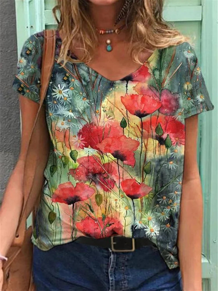 T-shirt col V peinture florale