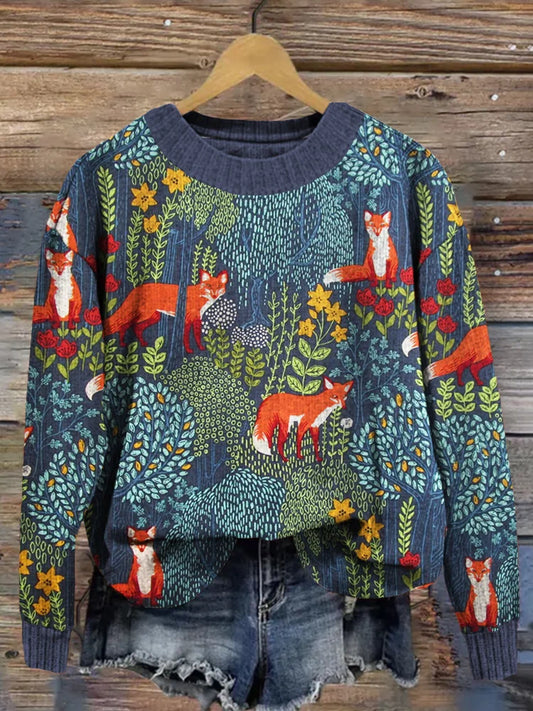 Pull vintage motif renard femme