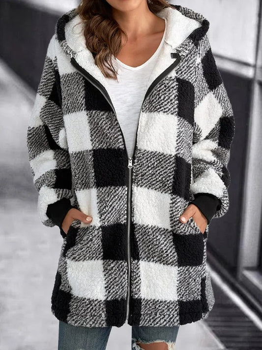 Manteau à capuche oversize à carreaux femme – Emma