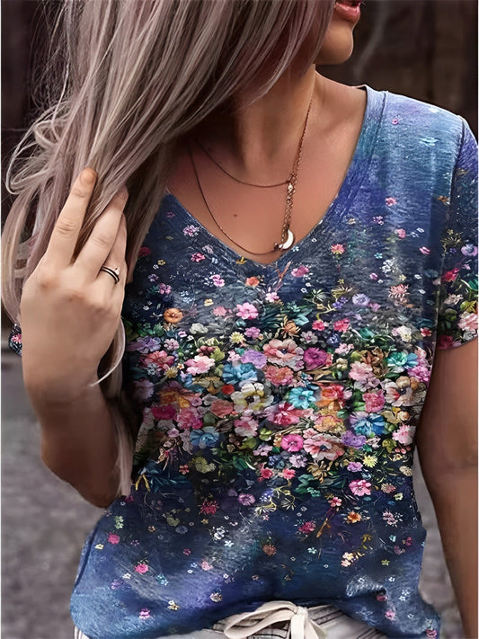 T-shirt col V imprimé art floral