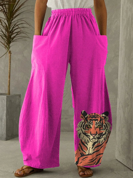 Pantalon large taille élastique imprimé tigre femme