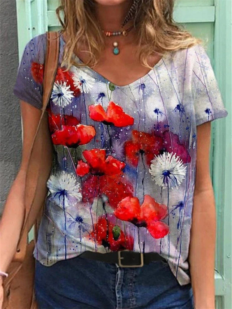 T-shirt col V peinture florale