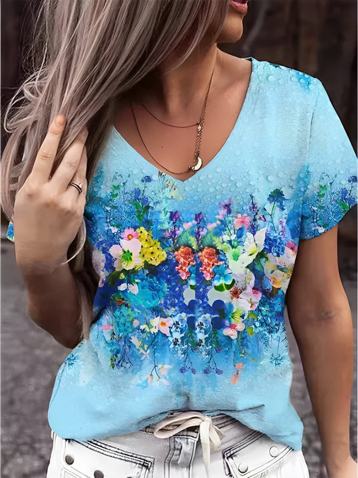 T-shirt col V imprimé art floral