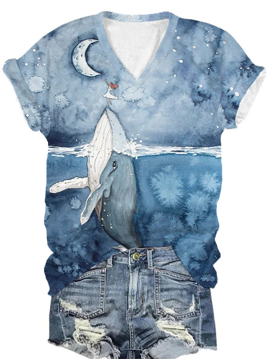 T-shirt décontracté imprimé baleine femme