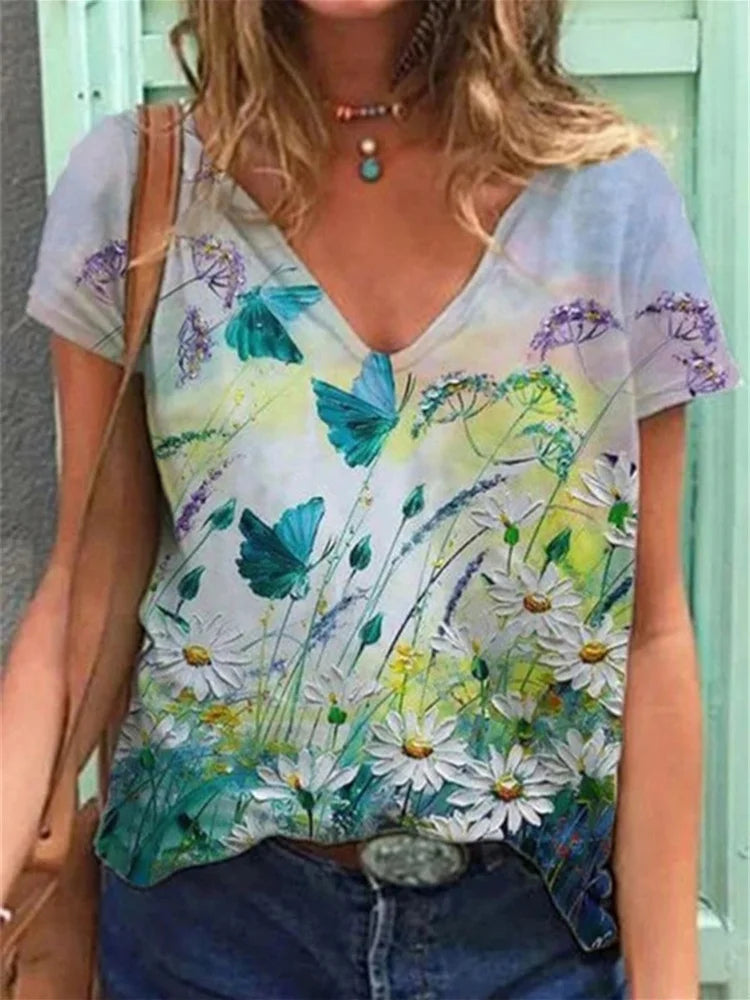 T-shirt col V peinture florale