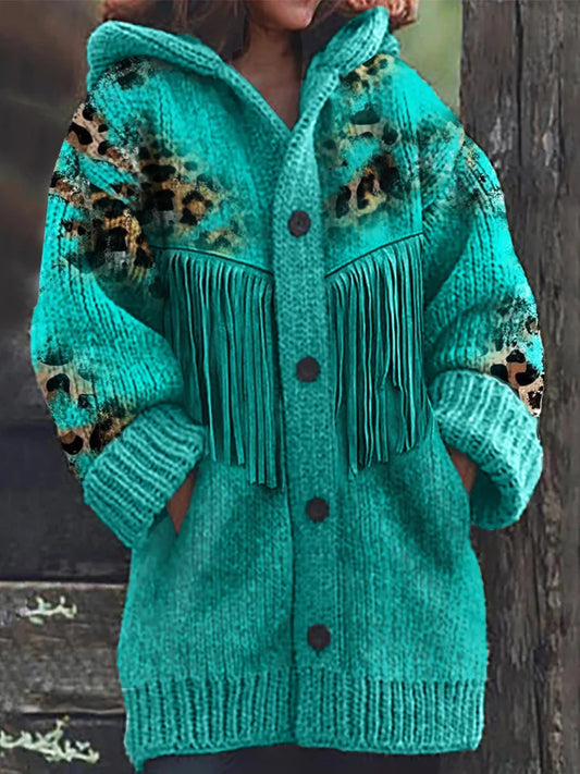 Cardigan à capuche imprimé léopard à franges femme