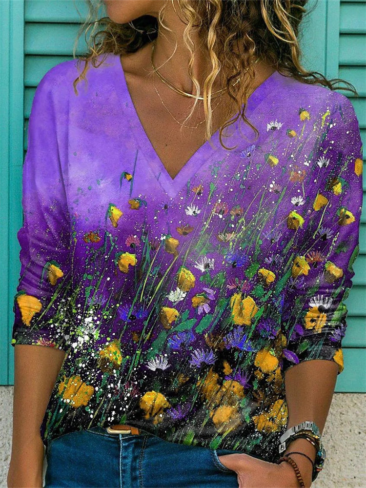 T-shirt col V peinture de fleurs