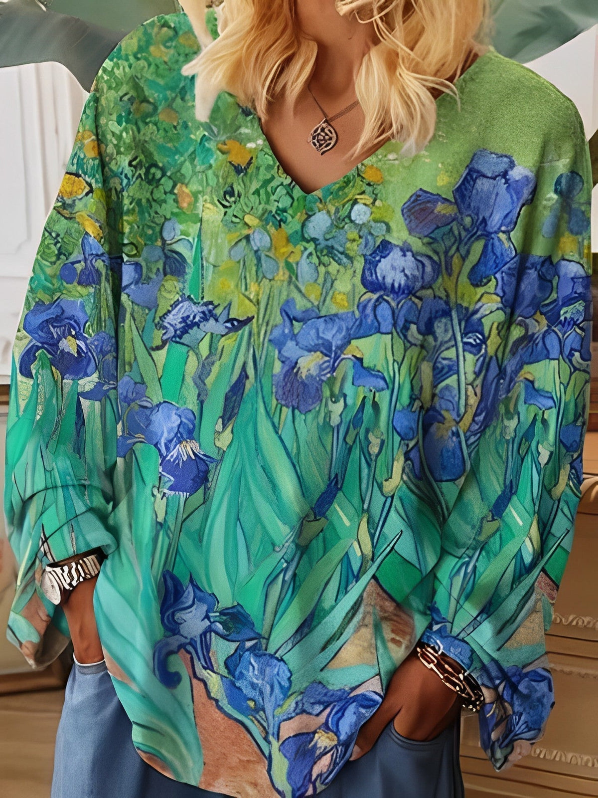 T-shirt ample col V imprimé Van Gogh