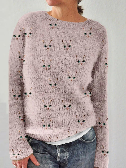 Pull col rond imprimé chat femme