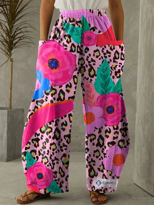 Pantalon large taille élastique imprimé fleuri femme
