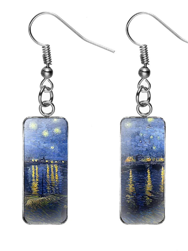 Boucles d'oreilles rectangulaires peinture à l'huile femme
