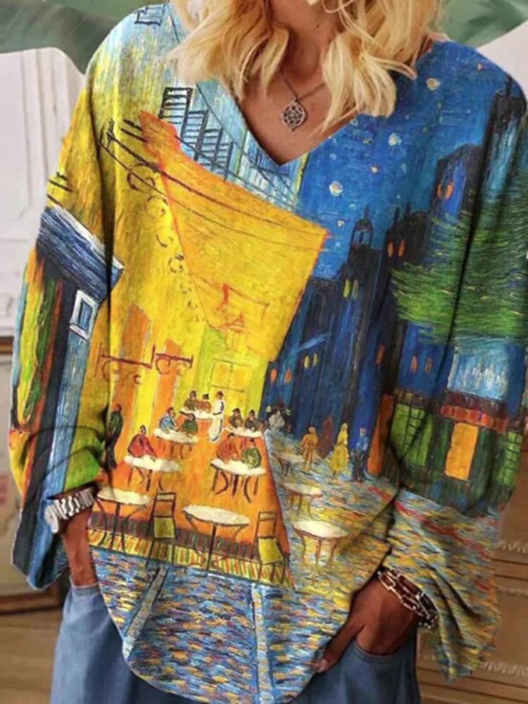 T-shirt ample col V imprimé Van Gogh
