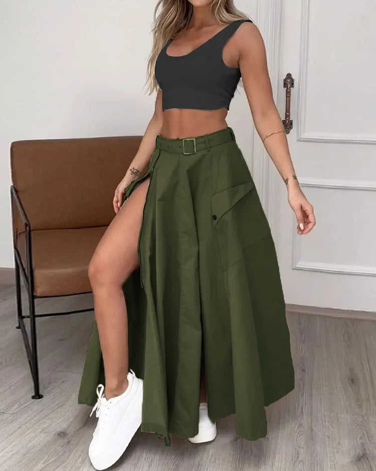 Ensemble deux pièces sans manches fendu uni femme – Emma