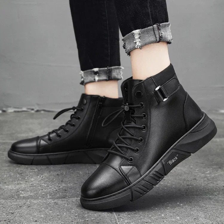 David - Bottines en cuir véritable pour hommes, noires et décontractées