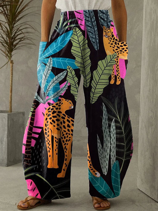 Pantalon large taille élastique imprimé léopard femme