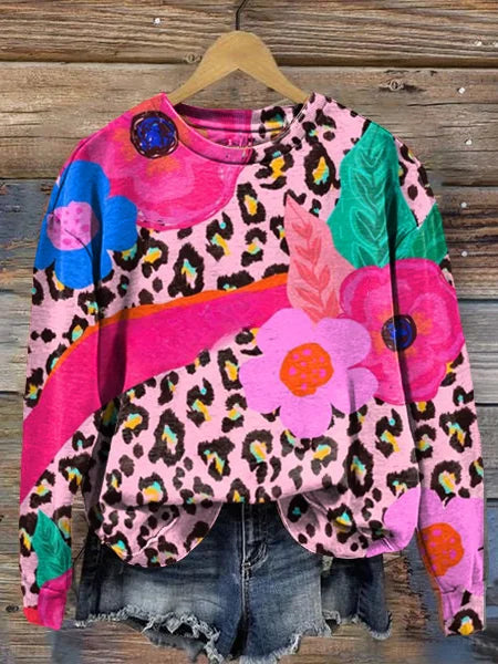 Sweat-shirt col rond imprimé léopard et fleurs