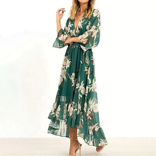 Robe longue verte col V manches 3/4 femme