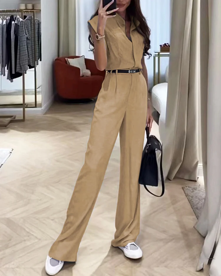 Ensemble chemise et pantalon uni décontracté femme