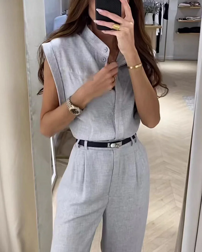 Ensemble chemise et pantalon uni décontracté femme
