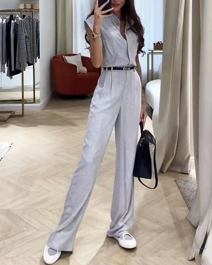 Ensemble chemise et pantalon uni décontracté femme
