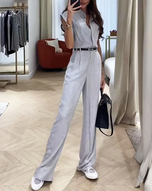 Ensemble chemise et pantalon uni décontracté femme