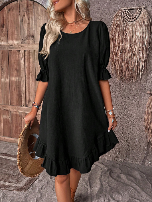 Robe unie manches bouffantes ourlet à volants femme