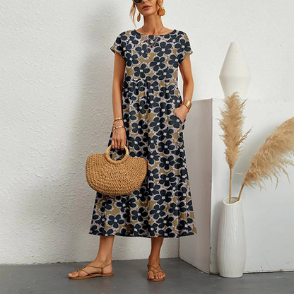 Robe midi imprimé fleuri manches courtes femme