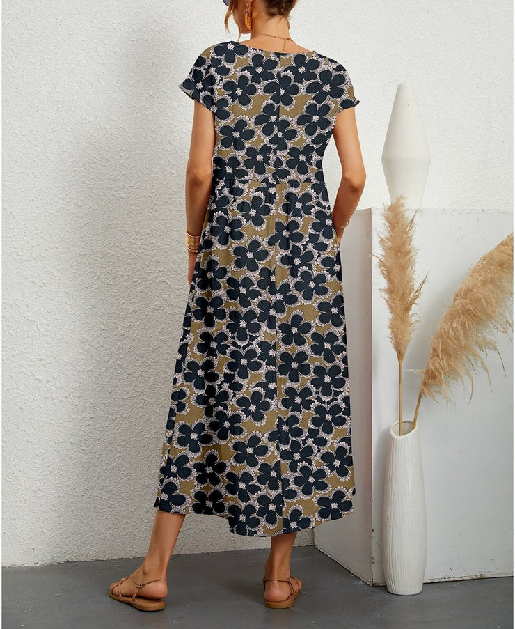 Robe midi imprimé fleuri manches courtes femme