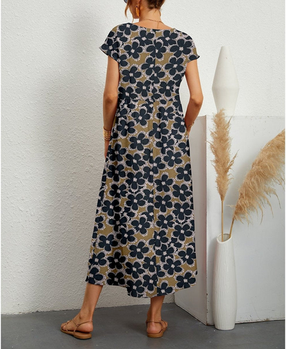 Robe midi imprimé fleuri manches courtes femme