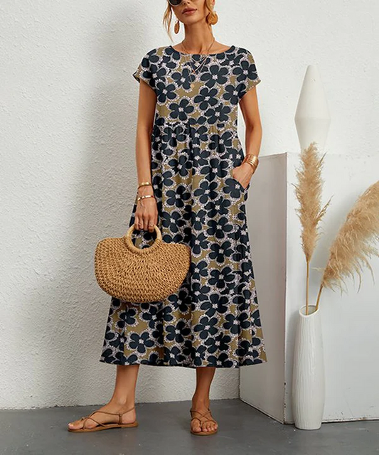 Robe midi imprimé fleuri manches courtes femme