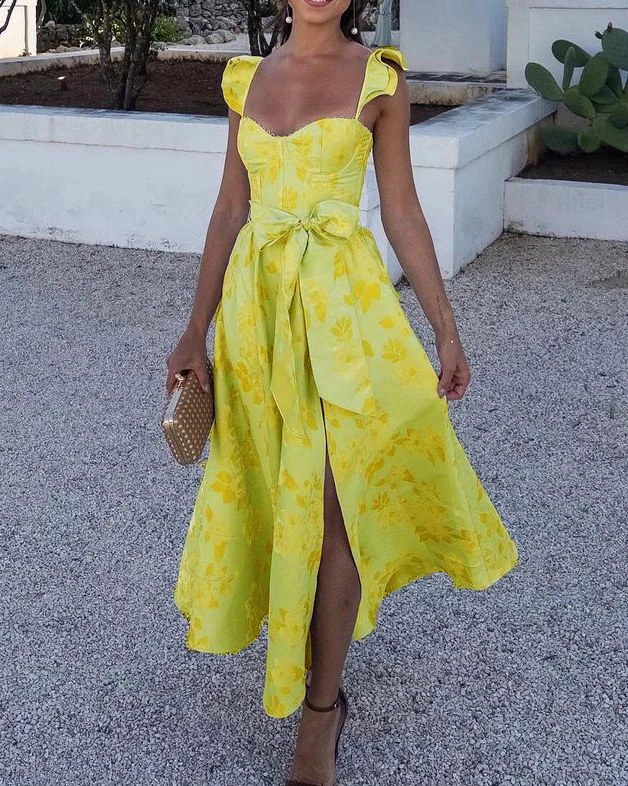 Robe imprimée nœud à la taille manches papillon femme