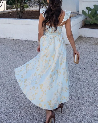 Robe imprimée nœud à la taille manches papillon femme