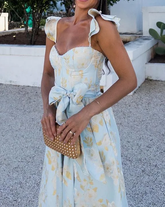 Robe imprimée nœud à la taille manches papillon femme