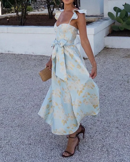Robe imprimée nœud à la taille manches papillon femme